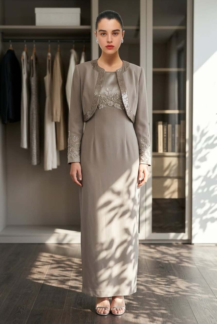 Jovani New York Beaded 2-Piece Evening Gown and Bolero Jacket Set, Taupe